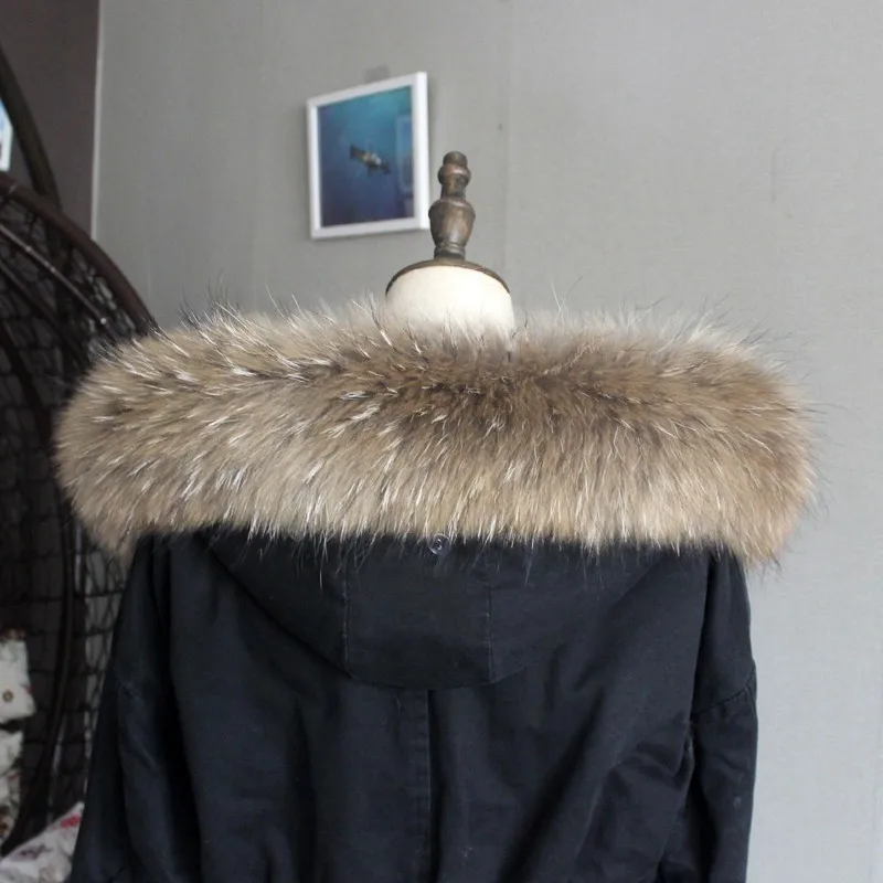 Зимняя куртка из натурального меха, воротник из натурального меха енота, женские шарфы, пальто, женская шапка, длинный теплый шарф из натурального меха, большой размер - Цвет: True color