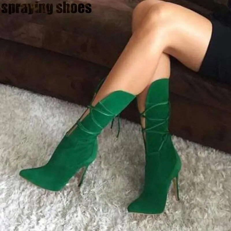 Модные Зеленые замшевые ботинки; пикантные женские ботинки до середины икры с острым носком ботинки на шнуровке; сезон осень-зима Женская обувь на высоком каблуке Женская обувь;