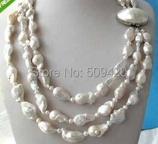 

Free Shipping >>>>3Strands White Keshi Keishi Baroque Freshwater Pearl Necklace Mabe Clasp 17-19