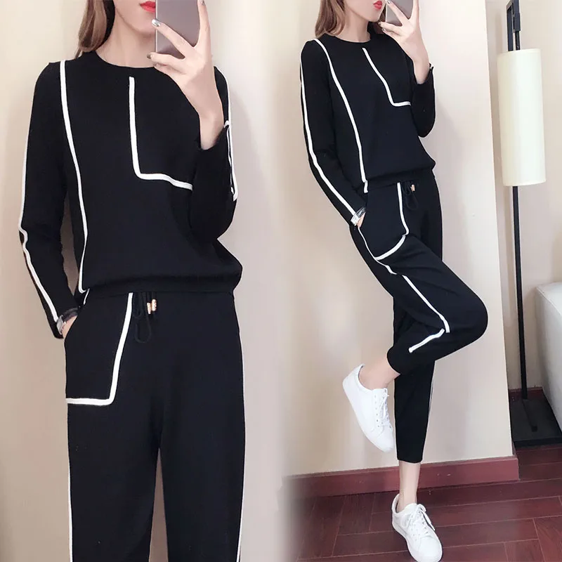 

Autumn women outfit knitwear new winter knitting suit two-piece clothing set leisure pullover top sweater wide-legged pants SML
