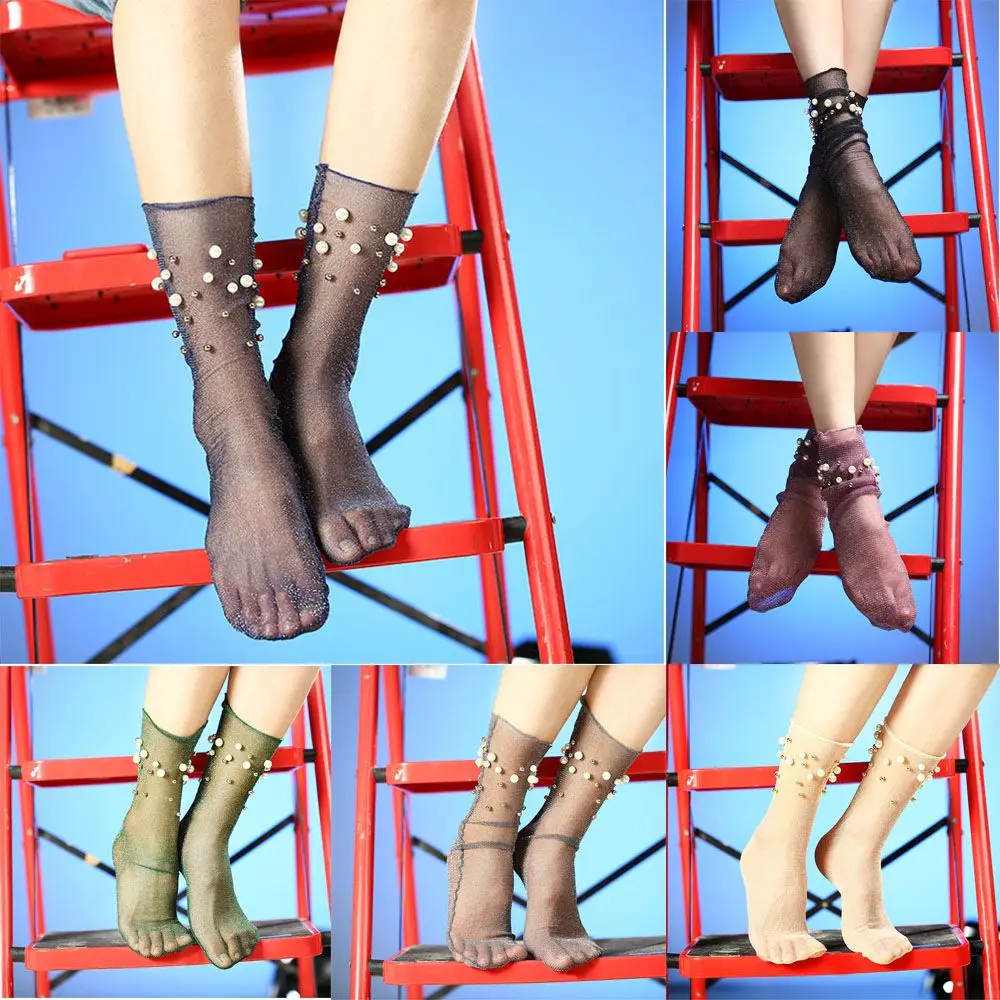 

Women Girls Glitter Shiny Imitation Pearl Ankle Socks Soft Summer Style Socks Fishnet Mesh Thin Bead Gauze Transparent Socks