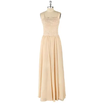 

Champagne Applique Chiffon Spaghetti Strap A-Line Floor Length Zipper Evening Dress Formal Event Pageant Dress