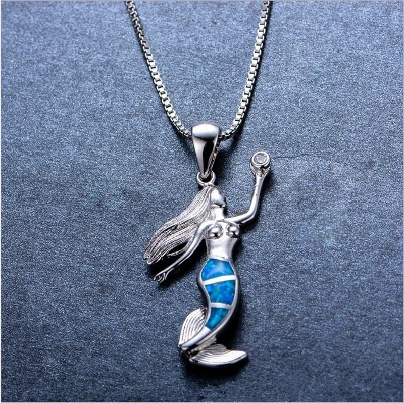 

Fashion Crystal Silver Tone Ocean Blue Opal Mermaid Pendant Necklace For Female Cute Lovely Mermaid Pendant Jewelry gift