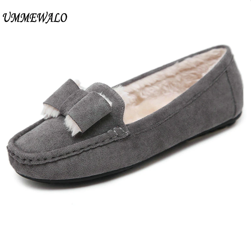 UMMEWALO Flat Shoes Women Winter Warm Loafer Shoes Woman Flock Short