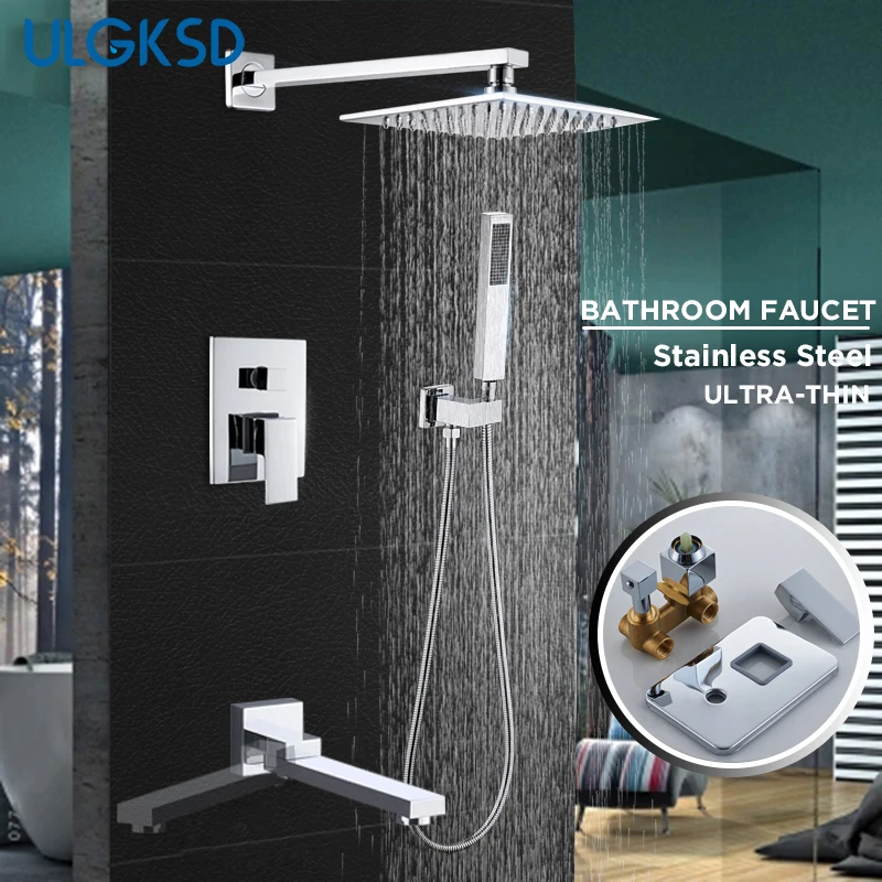 

ULGKSD Rainfall Shower Faucet Square Stainless Steel Head Bath 3-ways Mixers with Handshower Wall Mount Shower Arm