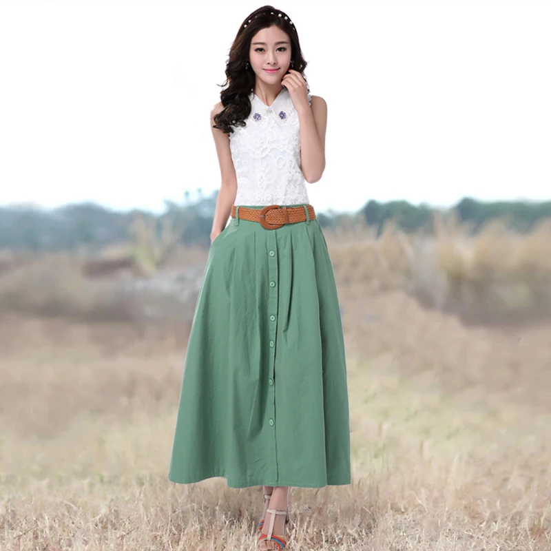 Free Shipping 2021 New Fashion Plus Size S-XL Long Maxi Pleated Skirt Buttons Summer And Autumn Linen Cotton Skirts With Belt fall winter pencil skirt women 2020 black knitted fabric high waist skirt s 3xl plus size buttons split mid long skirt female