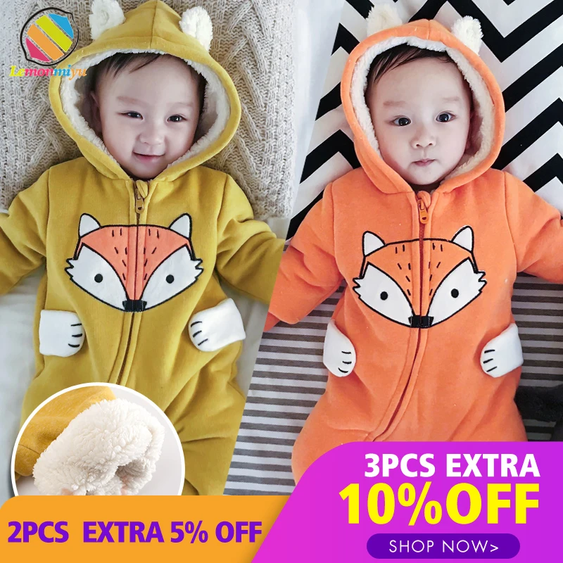  Lemonmiyu Newborn Animal Thicken Winter Rompers Baby Boys Girls Fox Winter Fleece Jumpsuits Hooded 