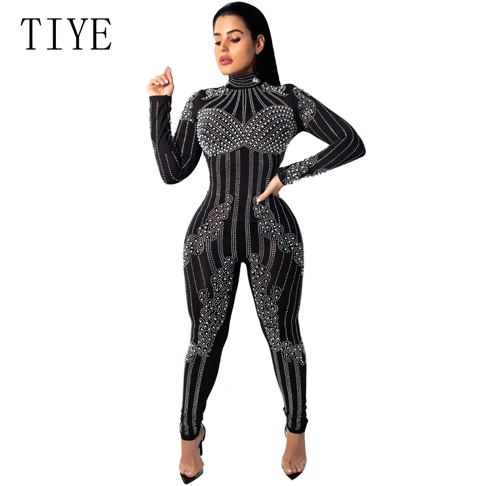 TIYE Sparkly Rhinestone Diamonds Sexy Party Jumpsuit Women Elegant Beaded Embellish Mesh Patchwork See Through Bodycon Overalls