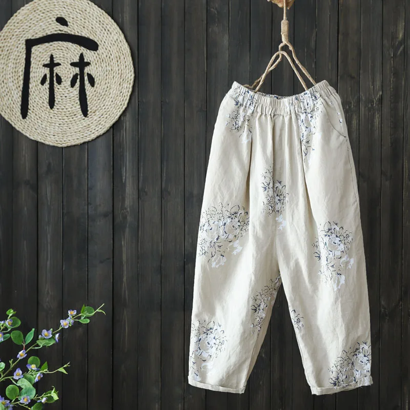 Linen Vintage Floral Harem Pants Women Loose National