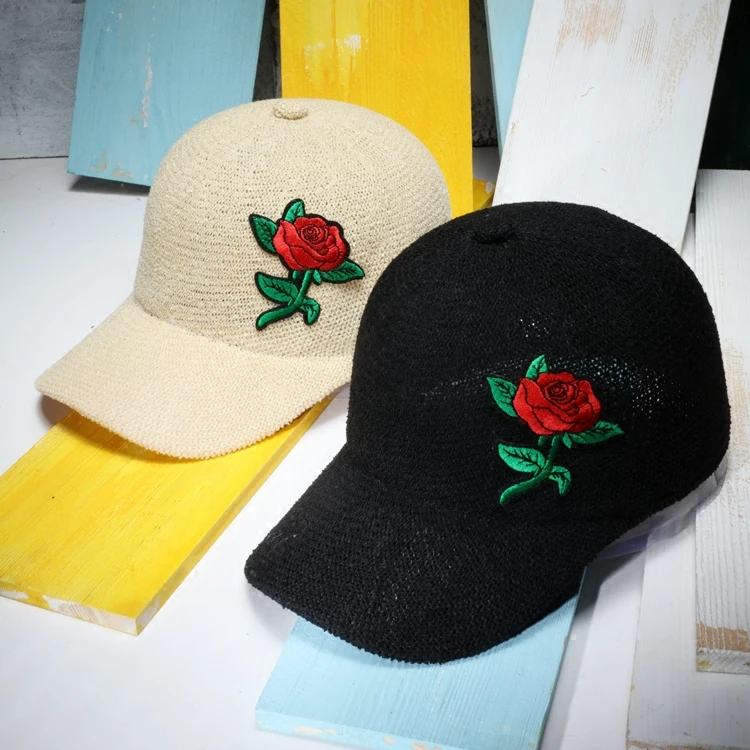 Women Rose Patch Baseball Caps Vintage Cotton Linen Knitting Retro