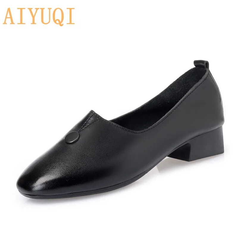 

AIYUQI Women leather shoes 2019 new cow leather large size women shoes Square head with mother shoes mid heel loafers women