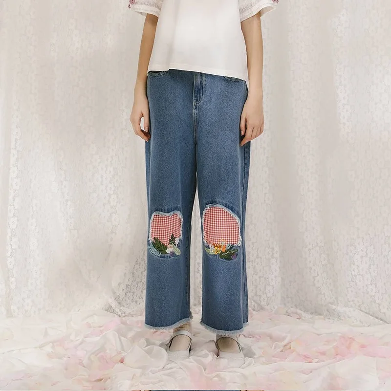 

2018 Summer Fashion New Women Jeans Ankle-length Denim Pants Capris Patchwork Mid-waist Plant Embroidery Hole Famme Jean Trouser