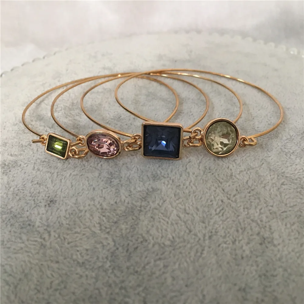 New Trendy Geometric Colorful Stone Rose Blue Green Openable Thin Bangle 4 pcs Set Statement Gorgeous Jewelry Accessory