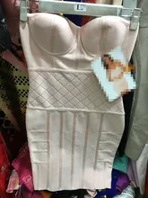 Celebrity Top Quality Strapless Beige Pink Rayon Bandage Dress Celebrity Party Sexy Dress