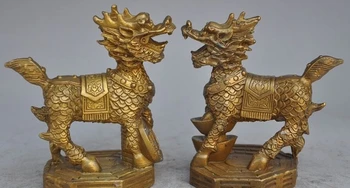 

10cm chinese fengshui brass wealth money coin ingot Kirin Unicorn lucky statues
