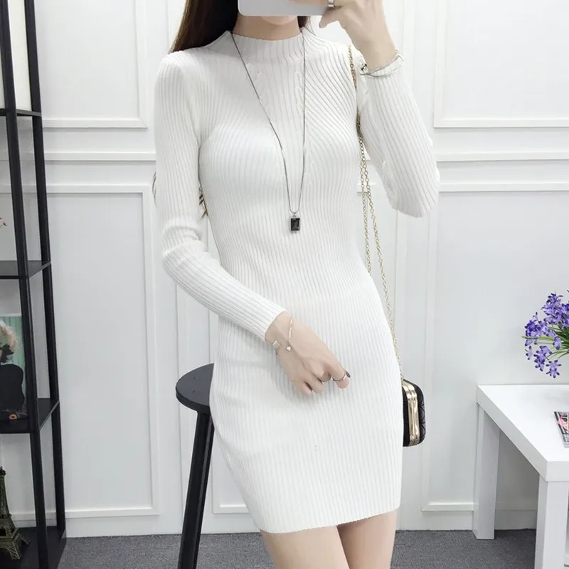 Banulin White Winter Women Warm Sweater Dresses Soft Long Sleeve Slim Bodycon Warm Casual Dress Sexy Mini Knitted Autumn Dress Sweaters