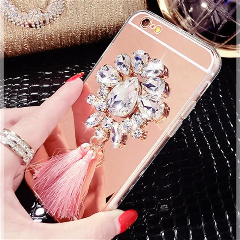 Чехол для iPhone 5 5S 6 S 7 8 Plus X роскошные стразы цветы кисточки мягкая зеркальная