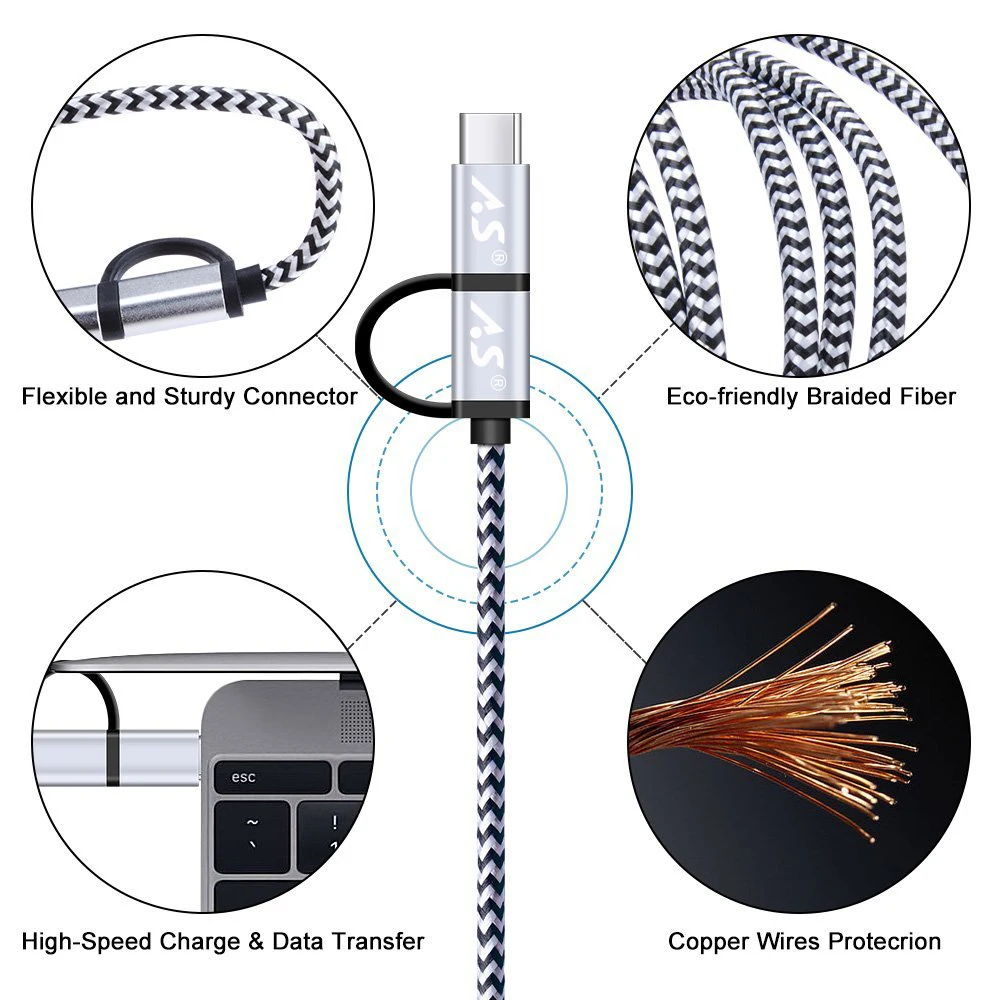 A.S 2 в 1 взаимный обмен данными между компьютером и периферийными устройствами Тип Кабеля C Micro USB кабель для быстрой зарядки многофункциональный USB C нейлоновый плетеный кабель для Android кабели для мобильных телефонов 1/2/3 м