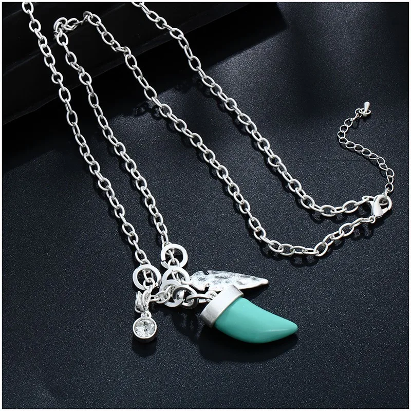 Shineland Ethnic Vintage Handmade Ox Horn Long Chain Necklace For Women Imitation Blue Stone