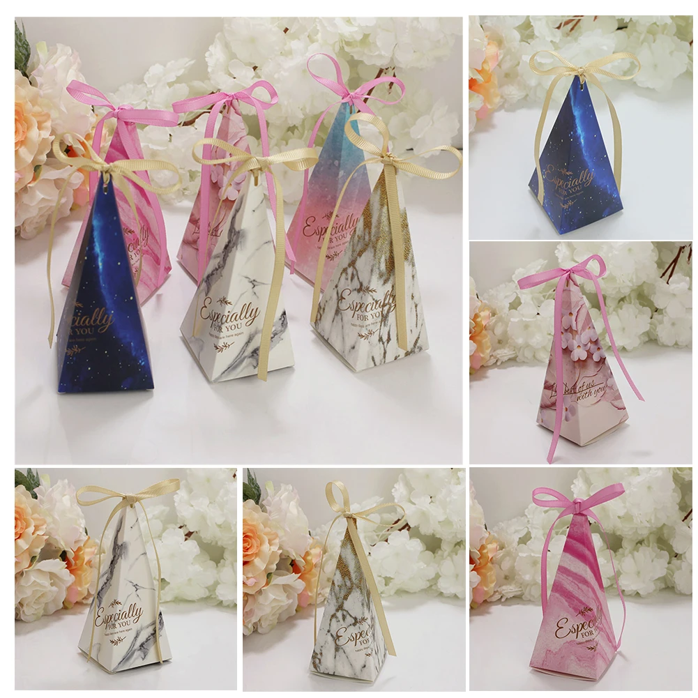 

50Pcs Pyramid Shape Candy Boxes with Ribbon Wedding Birthday Party Favor HYD88
