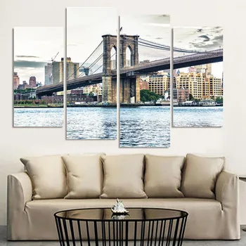 

4 Pieces Canvas Painting New York Brooklyn Bridge Landscape Canvas Poster Print for living room home wall decoration no frame