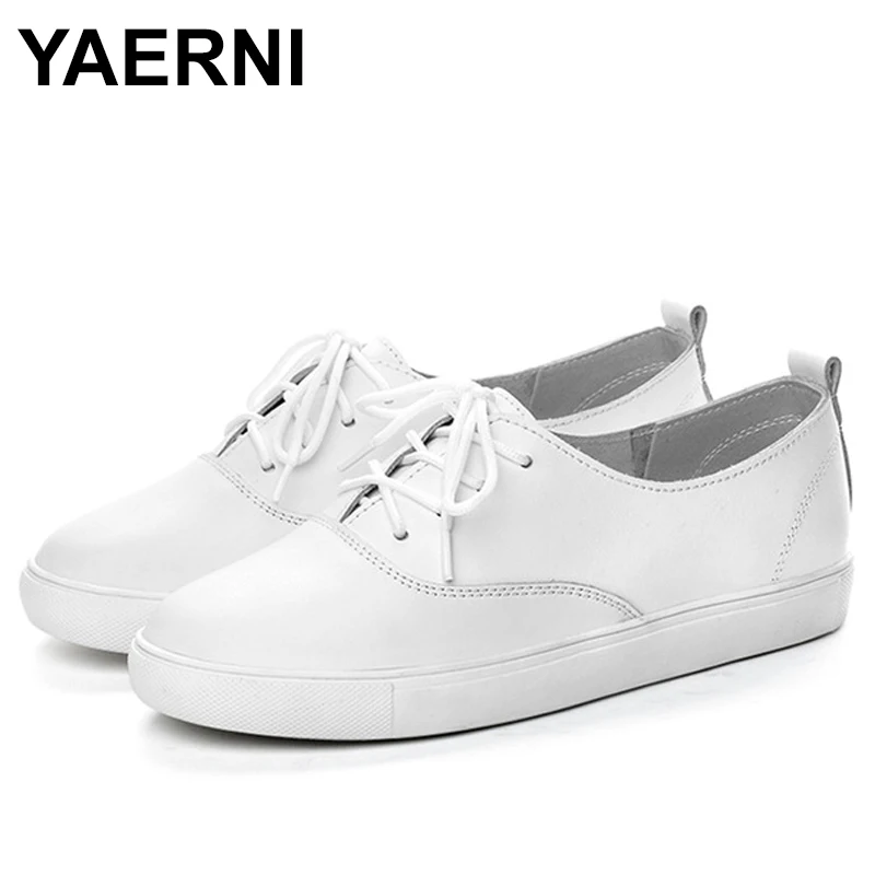 YAERNI 2018 أربعة مواسم الترفيه جلد طبيعي الخياطة تزلج أحذية شقة المرأة أحذية الباليه الدانتيل يصل موجزة النساء الشقق الأحذية