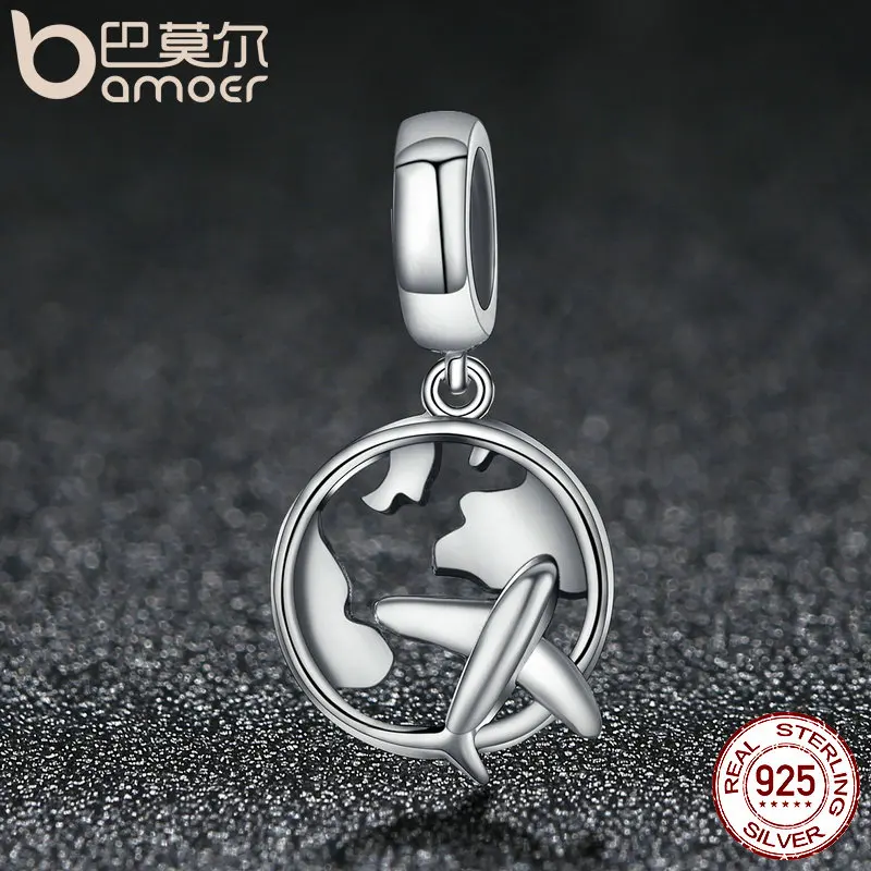 BAMOER Authentic 925 Sterling Silver Traveling Dream Map & Plane Charm Beads Fit Charm Bracelets Fashion DIY Jewelry S925 SCC242