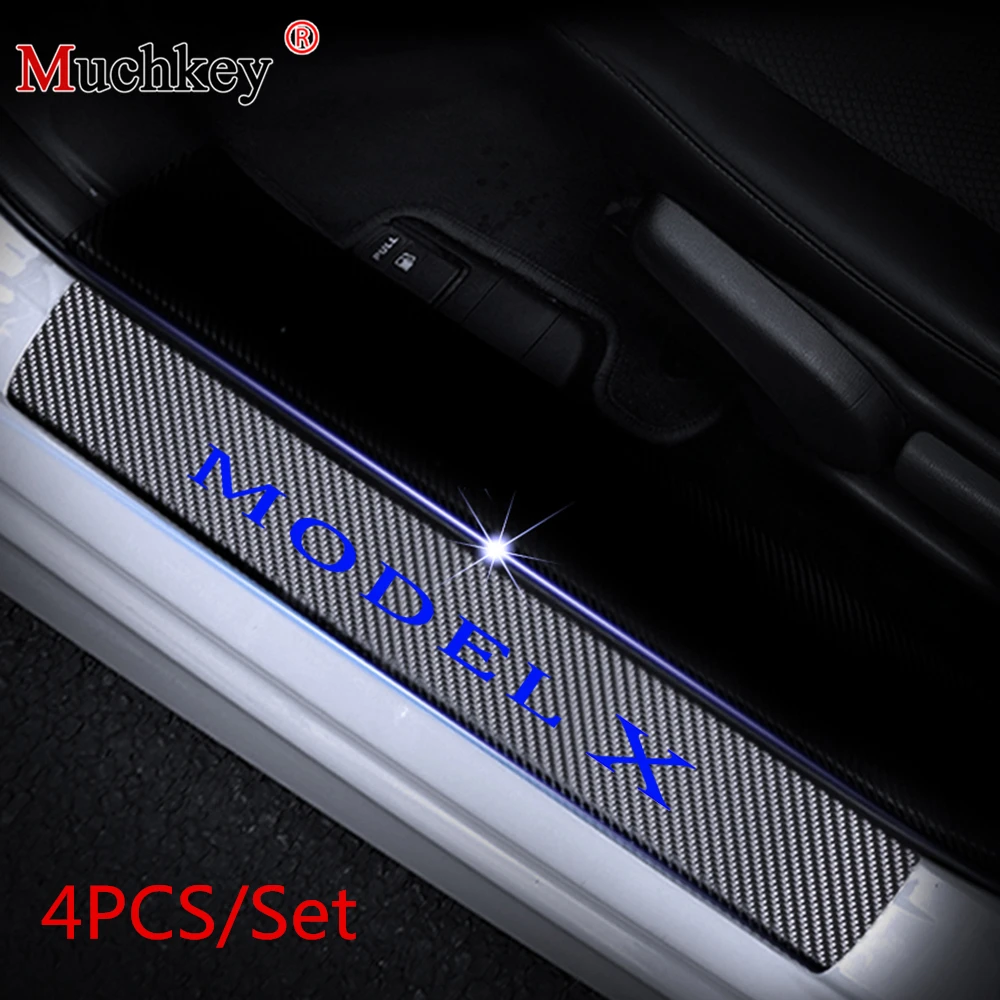 

4D Carbon Fiber Vinyl Sticker For Tesla MODEL X Car Door Sill Protector Door Step Plate Protector Interior Car Accessories 4Pcs