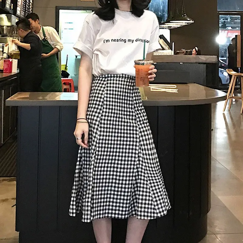 

2019 Women Round Neck Letter Print Short Sleeve T Shirt + Plaid Print Skirt Sweet Two-Piece Set Pullover Top