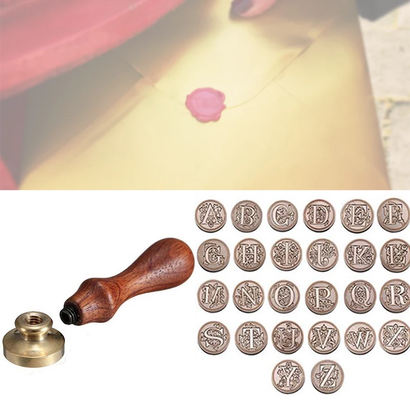 

1Pc 9*2.4*2.4cm A to Z Pattern Series Wooden Wax Stamp Copper Brown Handle Sealing Wax Stamp Decorative Greeting Sealing Stamps