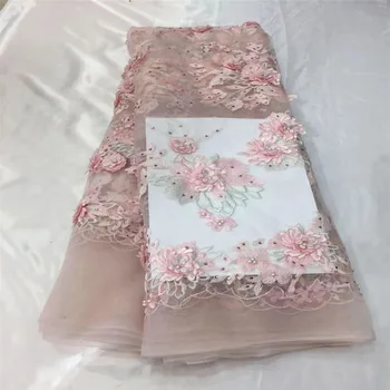 

Pink wedding lace fabric 3D flowers french African lace fabrics for dresses beads tulle lace Nigerian fabric F198-1