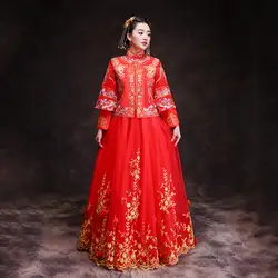 Китайский Винтаж вышивкой Феникс Ципао благородный Атлас леди Qipao брак шоу на сцене Костюмы бальное платье Для женщин подарок