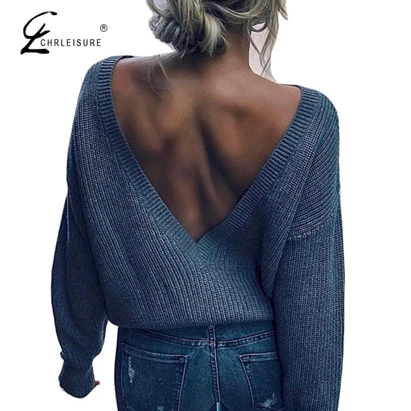 

CHRLEISURE Women Sexy Deep V Neck Open Back Drop Shoulder Knitted Sweater Women Ladies Backless Knitted Sweaters