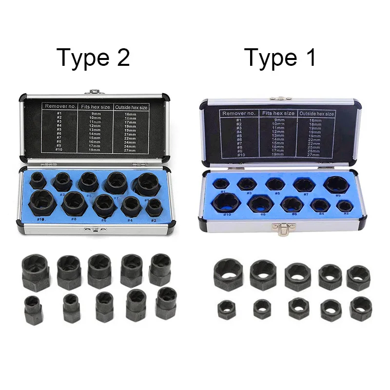 

10pcs Cased Damaged Bolt Nut Screw Remover Extractor Removal Set Nut Removal Socket Tool JDH99