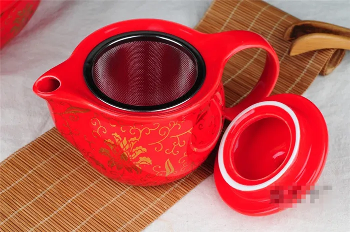7 шт. набор керамический красный свадебный чайник и чашки без подставки фарфоровый китайский набор фарфорового чайника с фильтром