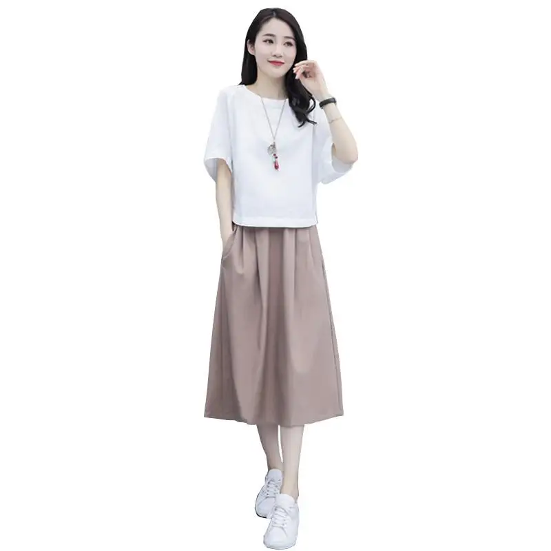 

2019 Summer Women Cotton And Linen 2 Pieces Sets Half Sleeve T-shirt+Pleated Skirt 2pcs Female Fashion Casual Simple Suits J111