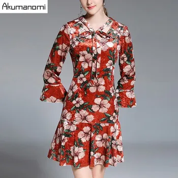 

Autumn Winter Velvet Dress Lace Up V-neck Three Quarter Flare Sleeve Ruffles Hem Women Clothes Spring Dress Plus Size 5XL 4XL-M