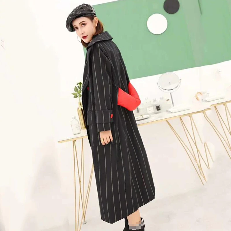 Tranchée 2018 Rayé De Coupe Breasted Vêtements vent Double Longues Manteau Chicever Long Revers Manches Femelle Femmes Black Windbreaker Automne 54x0a
