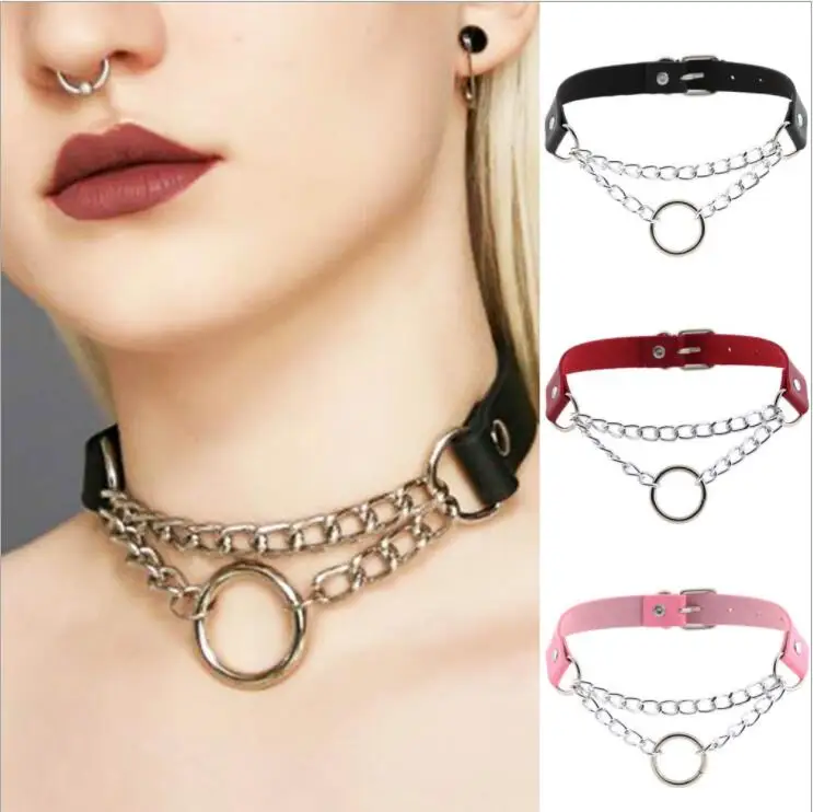 Короткое ожерелье в стиле панк Женская цепочка серебряного цвета с кожаным