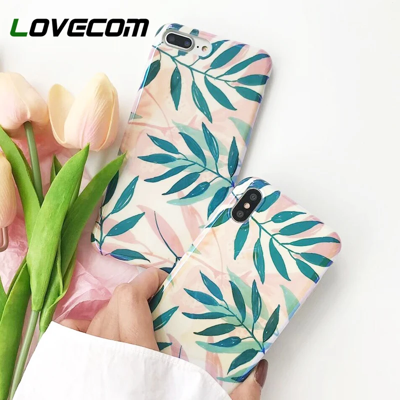 

LOVECOM Phone Case For iPhone XS Max XR 6 6s 7 8 Plus X Korean Style Blu-Ray Flesh Leaves Soft IMD Phone Back Cover Cases