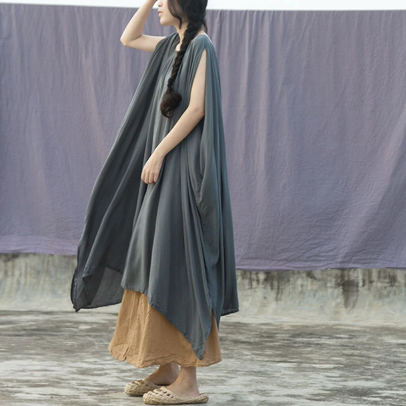 

Johnature Women Sleeveless Dress Loose 2019 Summer New O-Neck Soft Loose Women Robes Solid Color Vintage Cotton Dress