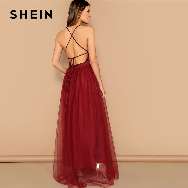 SHEIN Сексуальное Платье С Блестками И Открытой Спиной Нарядное Вечернее Платье Без Рукавов