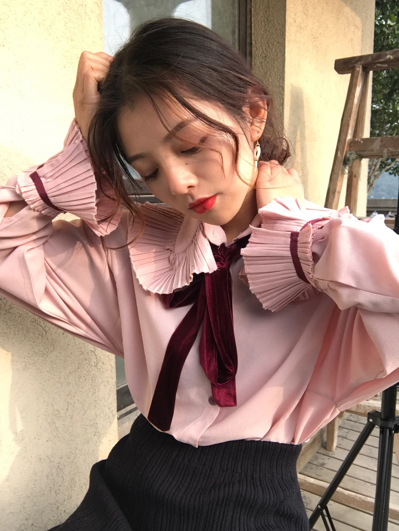 Neploe женская рубашка Милая кукольная воротник Корейский с галстуком-бабочкой шифоновая плиссированная блуза осень длинный рукав-Клеш Топ Blusas 53904