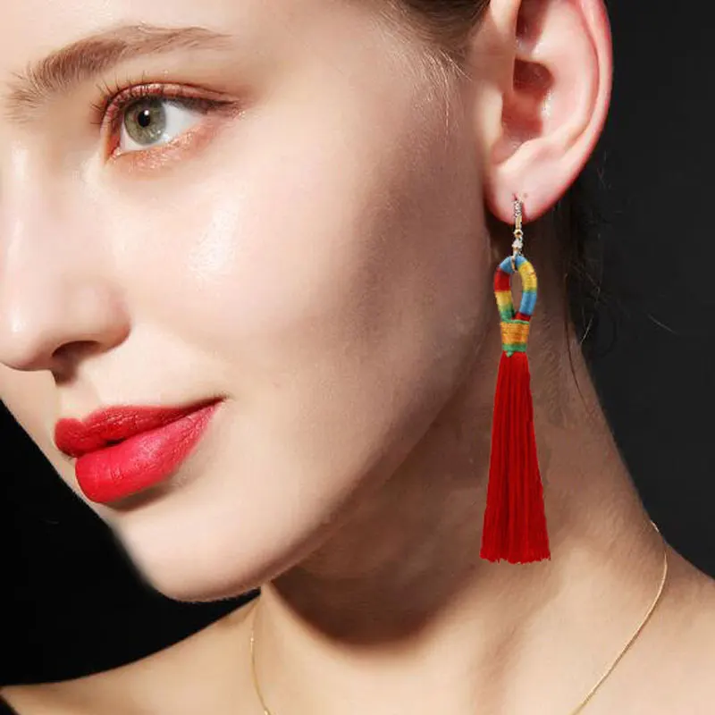 

Vintage Ethnic Long Tassel Earrings Women 2019 Fashion Bohemian Drop Dangle Crystal Tassel Earrings 14 Colors