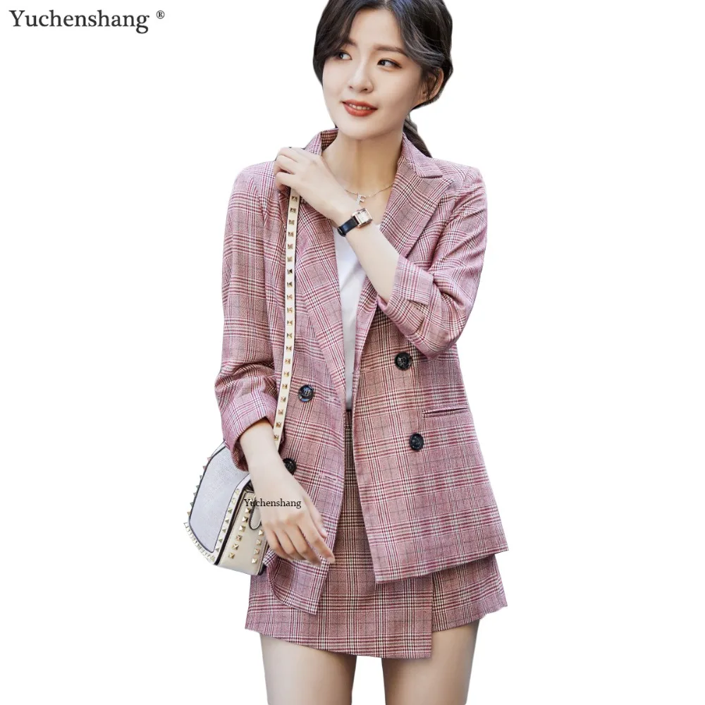 

Women Girl Sweet Suits Fashion Long Sleeve Plaid Jacket and Skirt 2 Piece Set Suit For Hot Summer