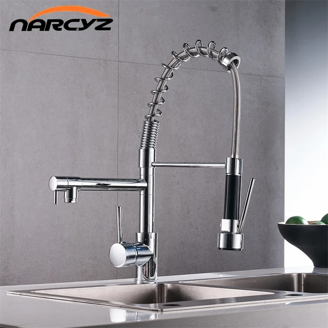 Special Offers Chrome Pull Down Kitchen Faucet Dual Spouts 360 Swivel Handheld Shower Kitchen Mixer Crane Hot Cold 2 Outlet Spring Taps XT-17