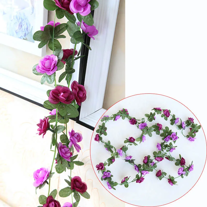 

HOT 2.5M Fake Silk Roses Ivy Vine With Green Leaves Hanging Artificial Flowers Garland For Wedding Party Home Decoration LSF99