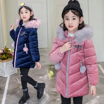 

2020 Baby Girls Clothes Fur Hooded Kids Jackets Winter 2020 Long Coat Down Cotton Warm Girls Snowsuits Outerwear Children's Coat