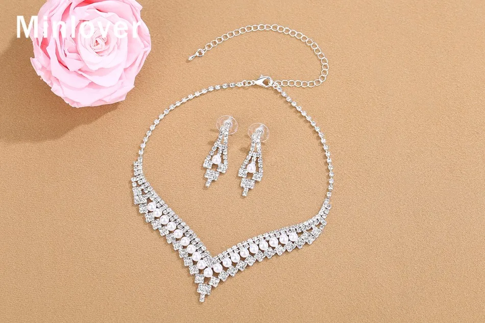 Minlover серебрянный простой искусственный жемчуг свадебные комплекты ювелирных изделий для женские модные Кристаллы свадебное ожерелье серьги набор MTL587