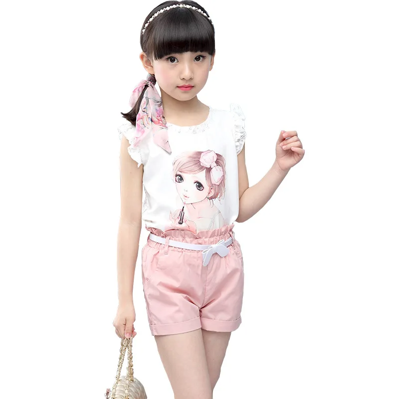

Girls Suits 2018 New Summer Children Clothing Lace Sleeveless Print Vest+Shorts 2Pcs Set Girls Clothes 4 5 6 7 8 9 10 11 Years